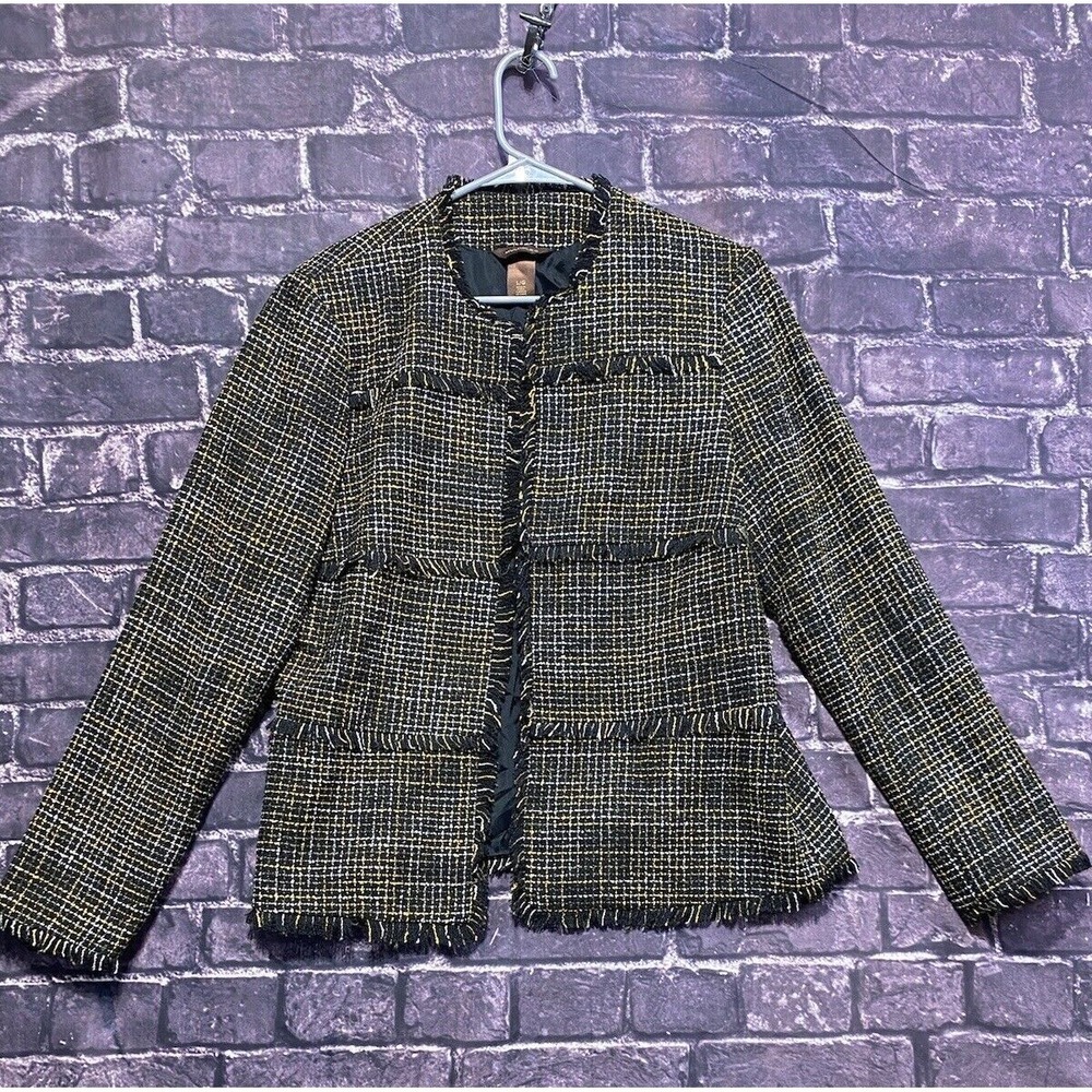 Multiples Tweed Jacket Women Large Black Yellow Fringe Business Casual Lagenlook